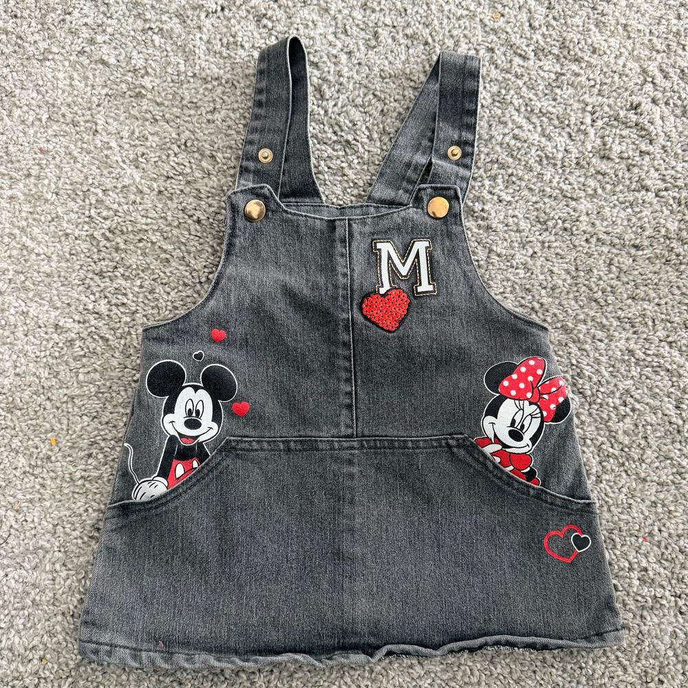 Disney Junior Overall Dress Girls 18M Gray Denim Pockets Adj Straps Minnie Mouse